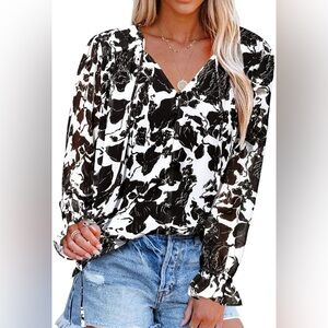 Mutitop Women's Casual V Neck Boho Top Floral Printed Blouses Long Sleeve Dressy